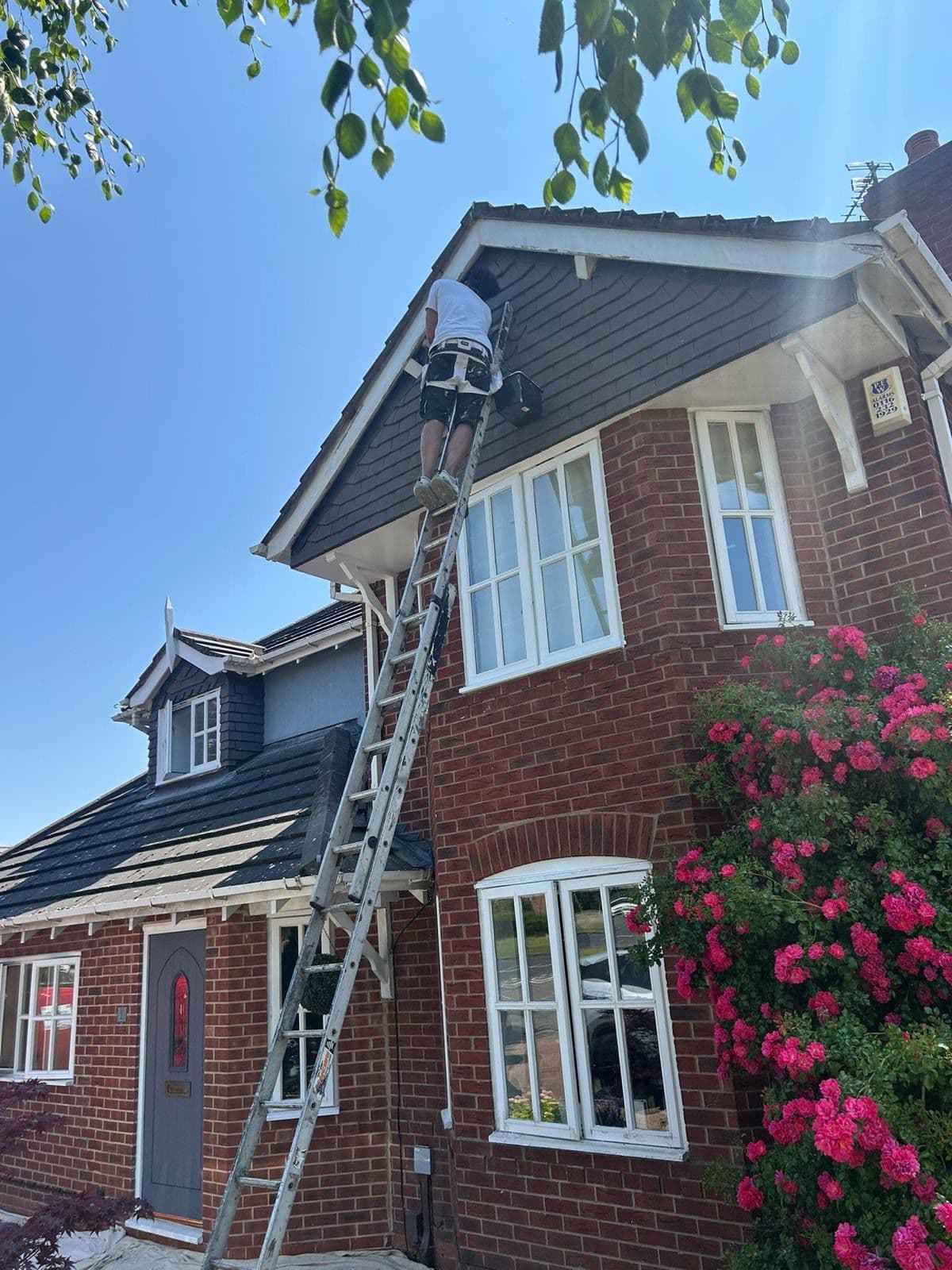 Painter on ladder working on exterior fascia and soffits